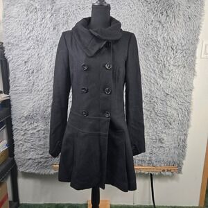 United Colors of Benetton‎ Women 44 Black 100% Virgin Wool Funnel Neck Peacoat
